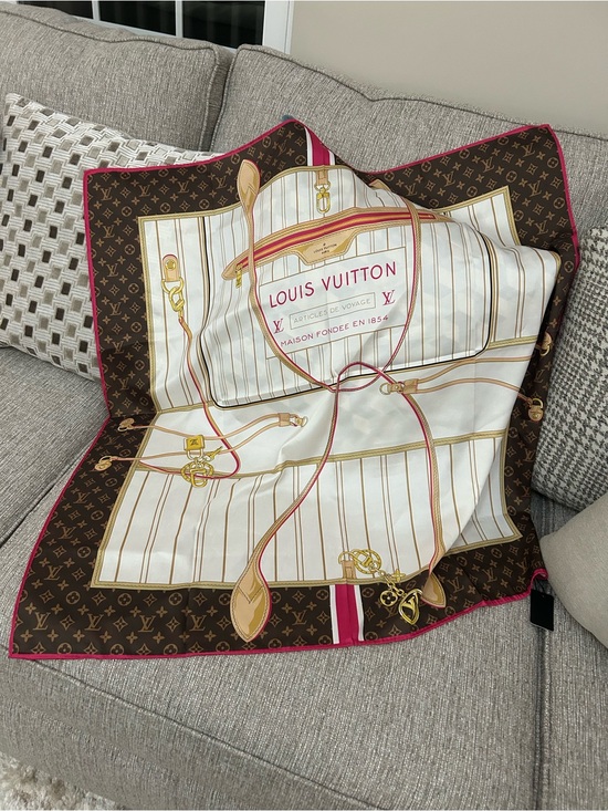 Louis Vuitton Accessories - Louis Vuitton Brown Monogram Silk Scarf with Cream, Pink and Gold Accents